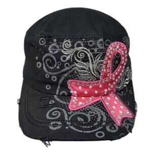 Leader Loga Army Cap Hat Black OS Breast Cancer Ribbon Rhinestone Distressed